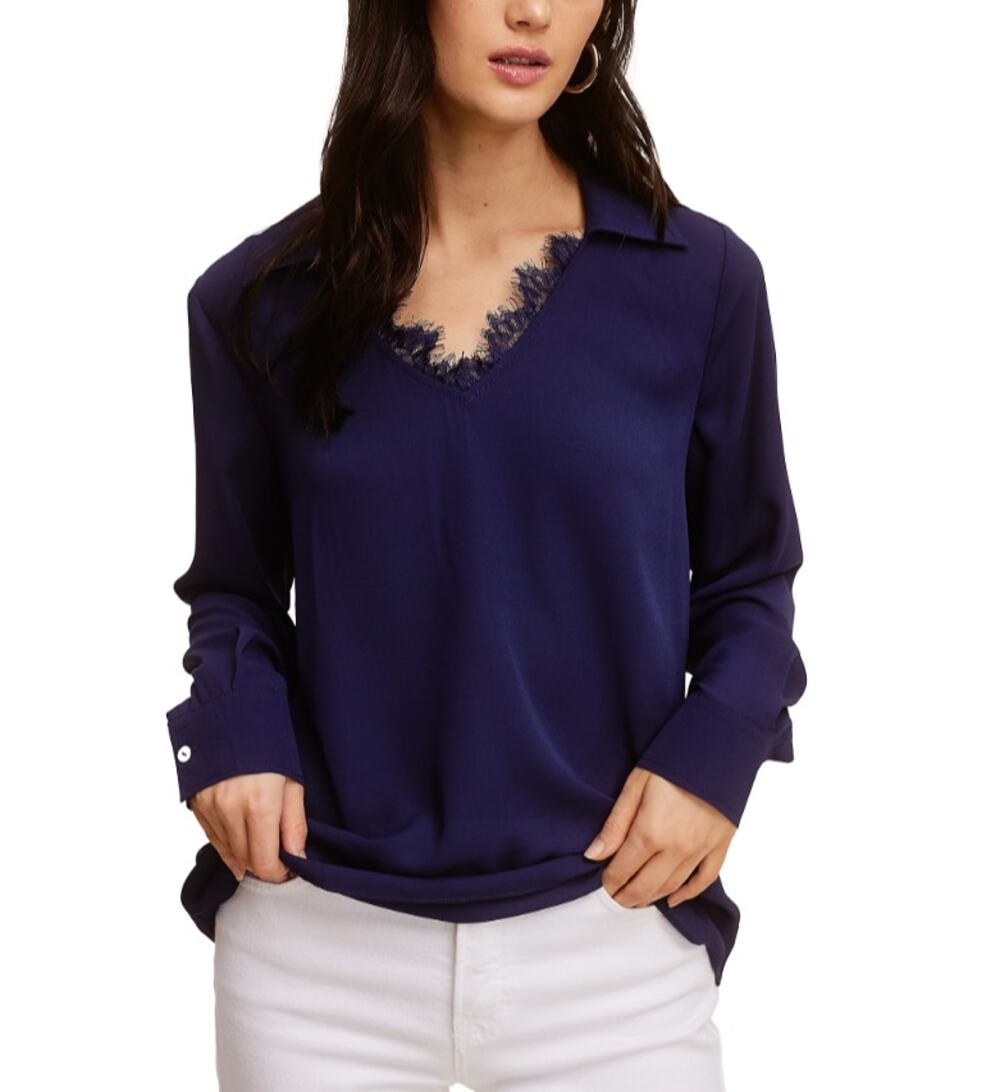 SINGLE THREAD TOP WOMEN'S SIZE XSMALL LACE TRIM V NECK POPOVER BLOUSE BLUE NEW